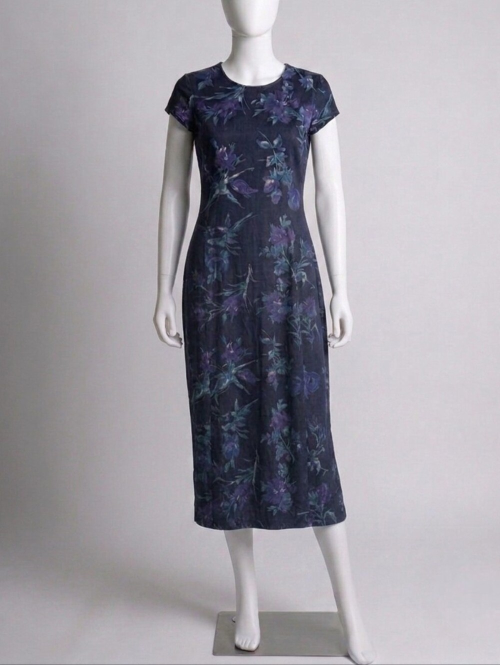 Vintage Laura Ashley Navy Floral Short-Sleeve Midi Dress Womens Size 4
